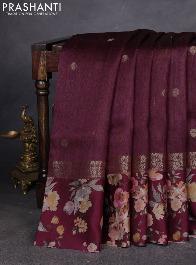 Pure Tussar silk saree maroon with zari woven buttas and zari woven floral printed border