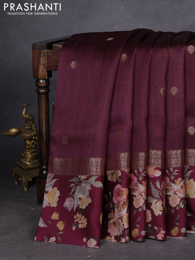 Pure Tussar silk saree maroon with zari woven buttas and zari woven floral printed border