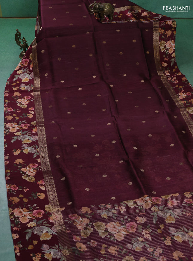 Pure Tussar silk saree maroon with zari woven buttas and zari woven floral printed border