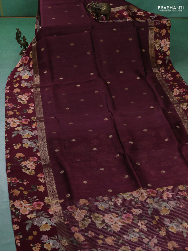 Pure Tussar silk saree maroon with zari woven buttas and zari woven floral printed border