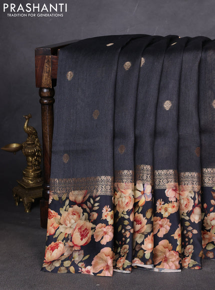 Pure Tussar silk saree black with zari woven buttas and zari woven floral printed border