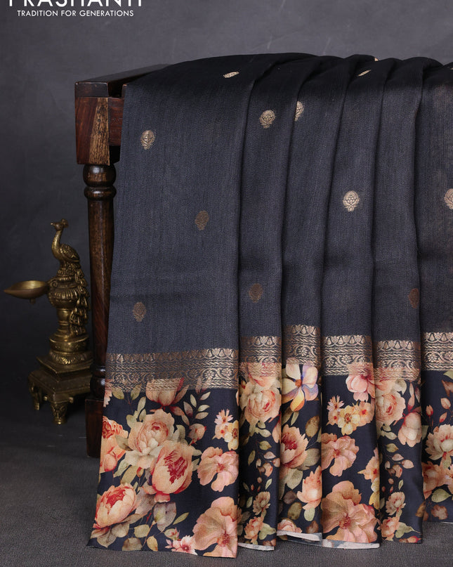 Pure Tussar silk saree black with zari woven buttas and zari woven floral printed border