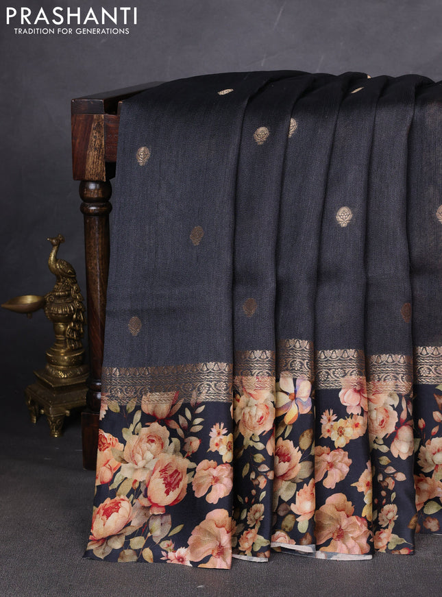 Pure Tussar silk saree black with zari woven buttas and zari woven floral printed border
