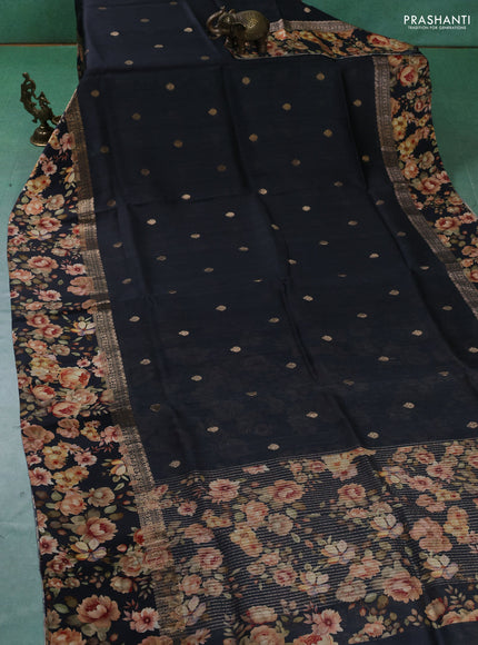 Pure Tussar silk saree black with zari woven buttas and zari woven floral printed border