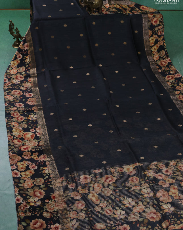 Pure Tussar silk saree black with zari woven buttas and zari woven floral printed border