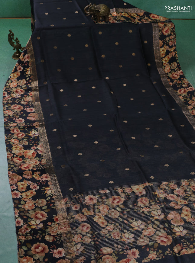 Pure Tussar silk saree black with zari woven buttas and zari woven floral printed border