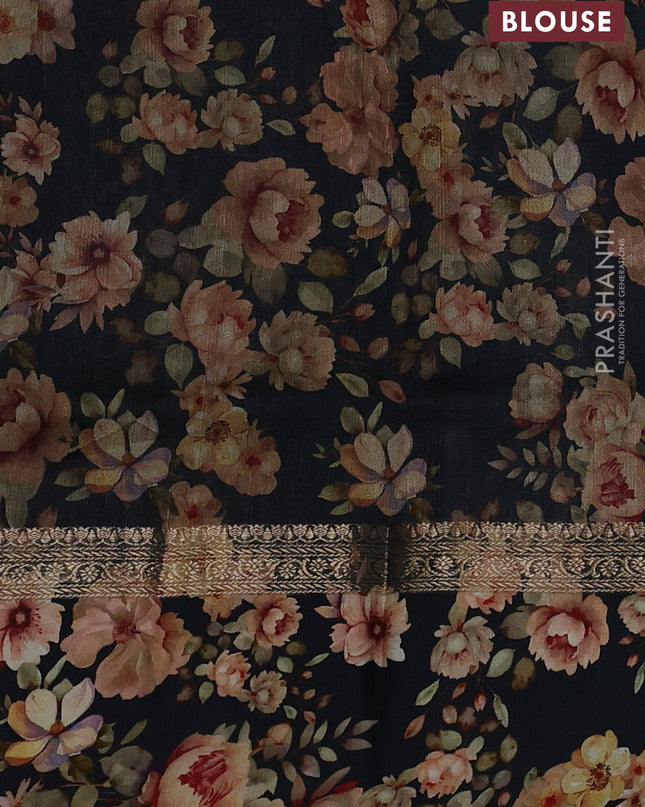 Pure Tussar silk saree black with zari woven buttas and zari woven floral printed border