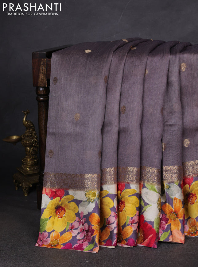 Pure Tussar silk saree pastel purple with zari woven buttas and zari woven floral printed border