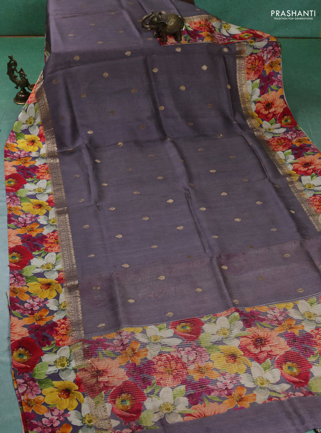 Pure Tussar silk saree pastel purple with zari woven buttas and zari woven floral printed border