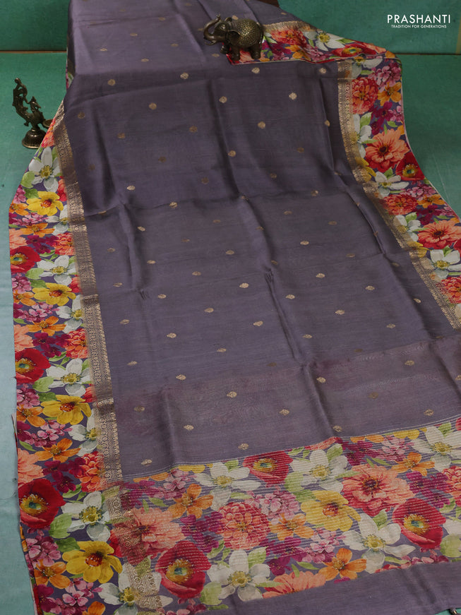 Pure Tussar silk saree pastel purple with zari woven buttas and zari woven floral printed border