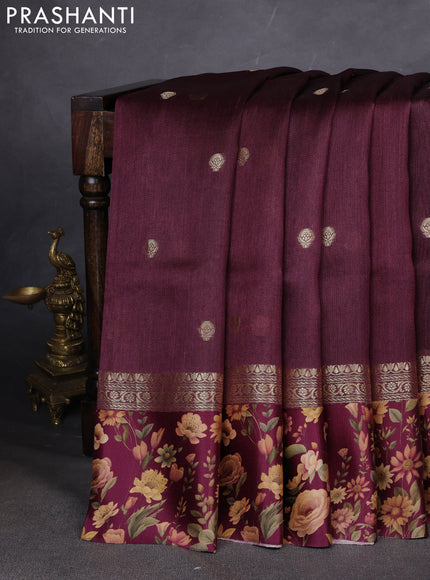Pure Tussar silk saree deep maroon with zari woven buttas and zari woven floral printed border