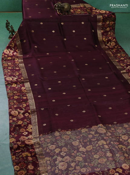 Pure Tussar silk saree deep maroon with zari woven buttas and zari woven floral printed border