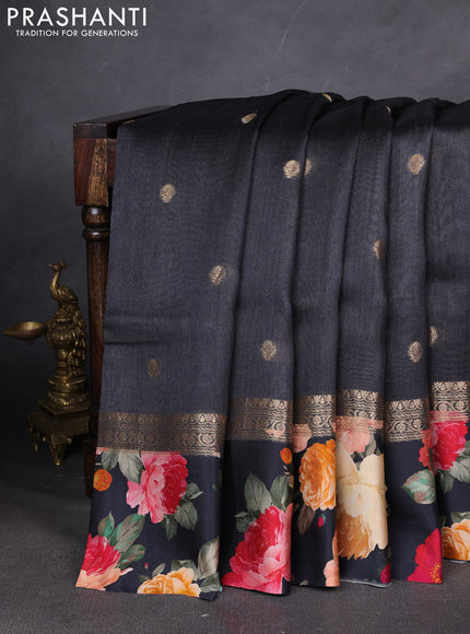 Pure Tussar silk saree black with zari woven buttas and zari woven floral printed border