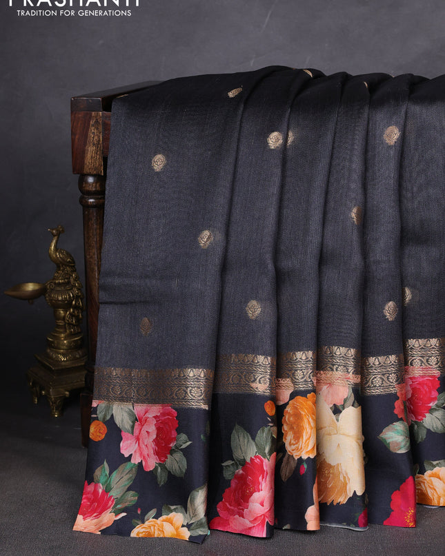 Pure Tussar silk saree black with zari woven buttas and zari woven floral printed border