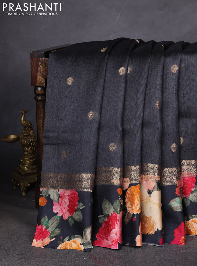 Pure Tussar silk saree black with zari woven buttas and zari woven floral printed border
