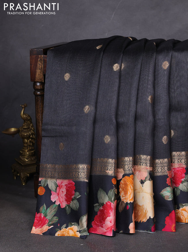 Pure Tussar silk saree black with zari woven buttas and zari woven floral printed border