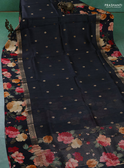 Pure Tussar silk saree black with zari woven buttas and zari woven floral printed border