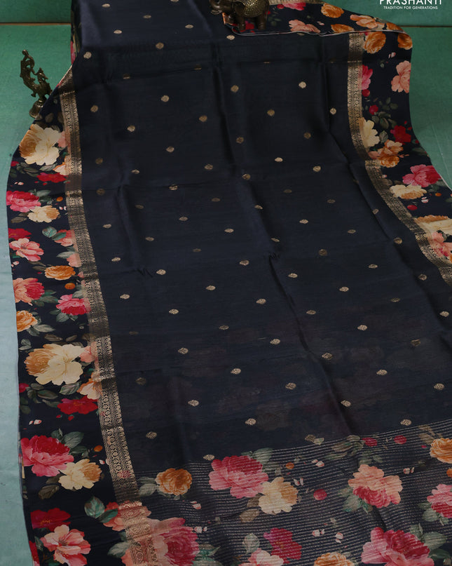 Pure Tussar silk saree black with zari woven buttas and zari woven floral printed border