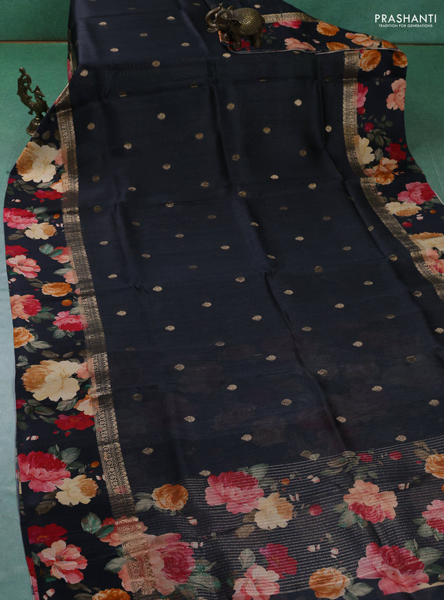 Pure Tussar silk saree black with zari woven buttas and zari woven floral printed border