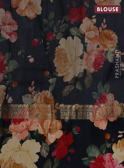 Pure Tussar silk saree black with zari woven buttas and zari woven floral printed border