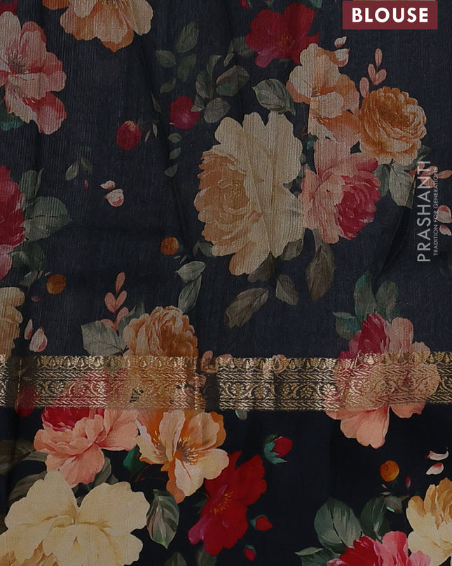 Pure Tussar silk saree black with zari woven buttas and zari woven floral printed border
