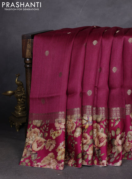 Pure Tussar silk saree magenta pink with zari woven buttas and zari woven floral printed border