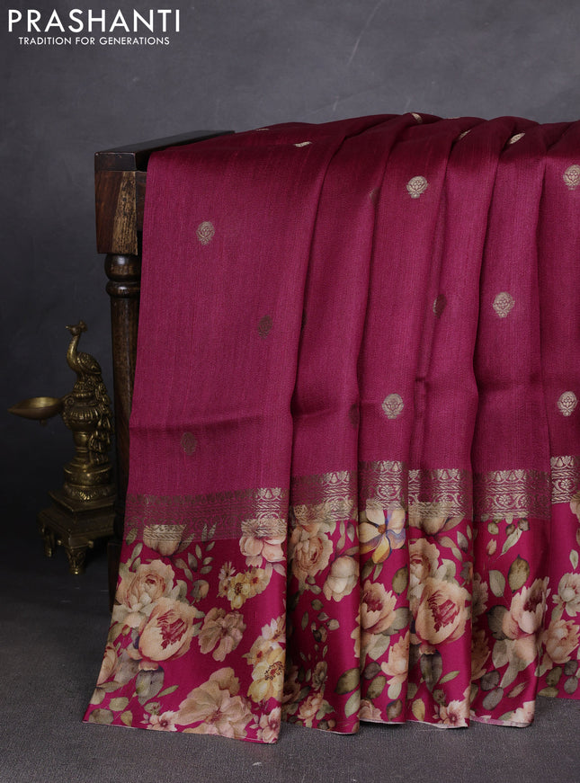 Pure Tussar silk saree magenta pink with zari woven buttas and zari woven floral printed border
