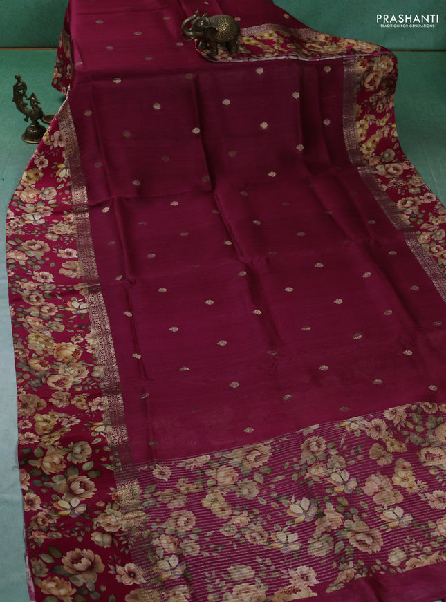 Pure Tussar silk saree magenta pink with zari woven buttas and zari woven floral printed border