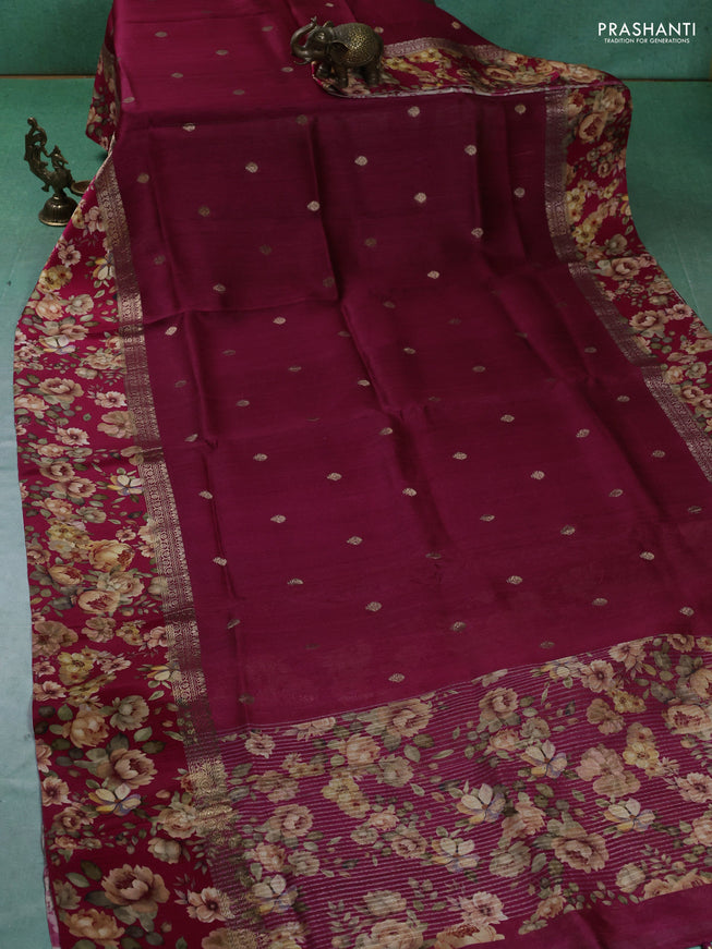 Pure Tussar silk saree magenta pink with zari woven buttas and zari woven floral printed border