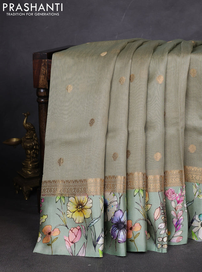 Pure Tussar silk saree elaichi green with zari woven buttas and zari woven floral printed border
