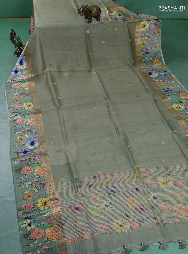 Pure Tussar silk saree elaichi green with zari woven buttas and zari woven floral printed border