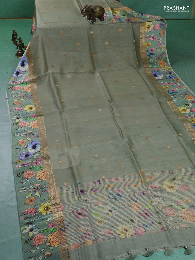 Pure Tussar silk saree elaichi green with zari woven buttas and zari woven floral printed border
