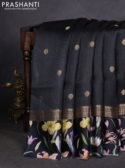 Pure Tussar silk saree black with zari woven buttas and zari woven floral printed border