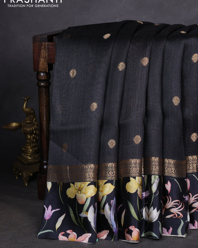 Pure Tussar silk saree black with zari woven buttas and zari woven floral printed border
