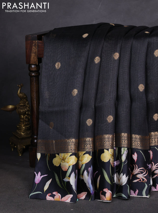Pure Tussar silk saree black with zari woven buttas and zari woven floral printed border