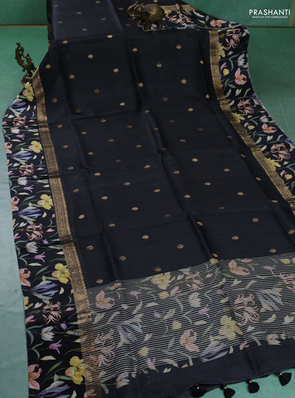 Pure Tussar silk saree black with zari woven buttas and zari woven floral printed border