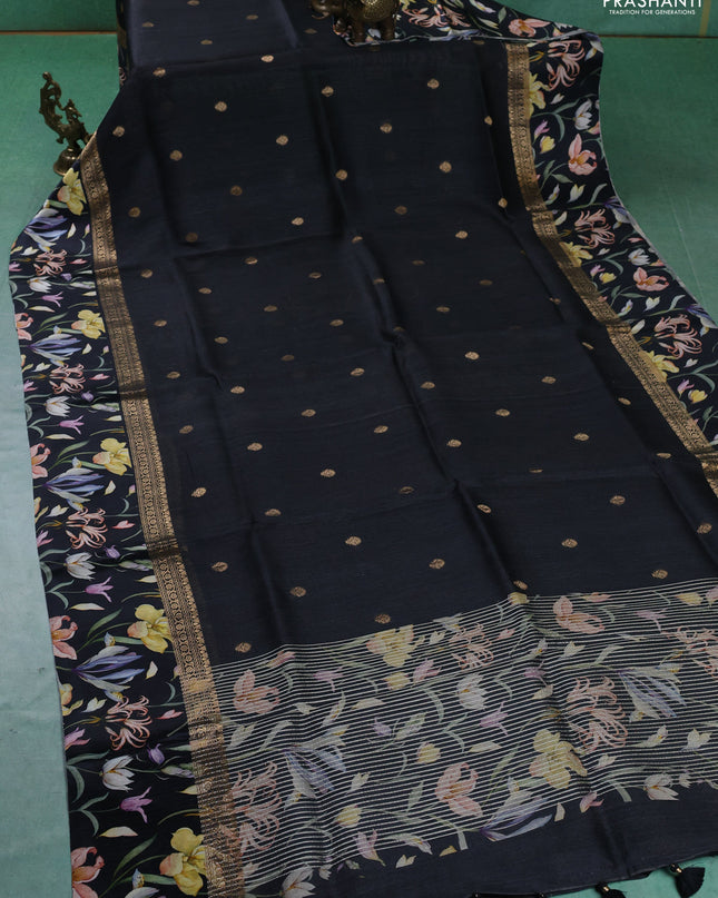 Pure Tussar silk saree black with zari woven buttas and zari woven floral printed border
