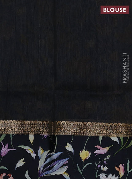 Pure Tussar silk saree black with zari woven buttas and zari woven floral printed border