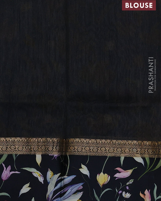 Pure Tussar silk saree black with zari woven buttas and zari woven floral printed border