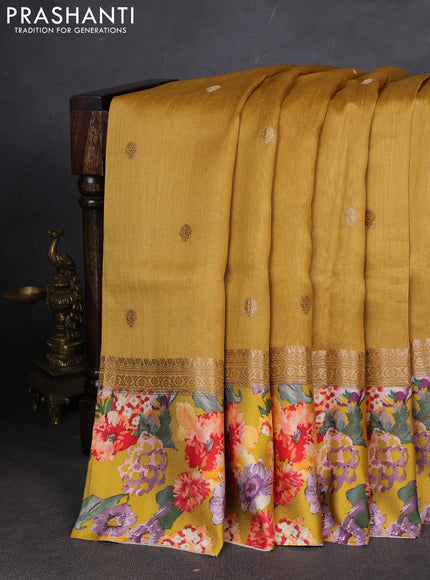Pure Tussar silk saree mustard yellow with zari woven buttas and zari woven floral printed border