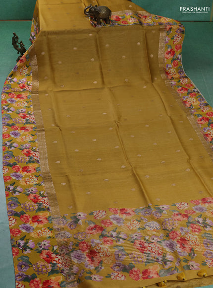 Pure Tussar silk saree mustard yellow with zari woven buttas and zari woven floral printed border