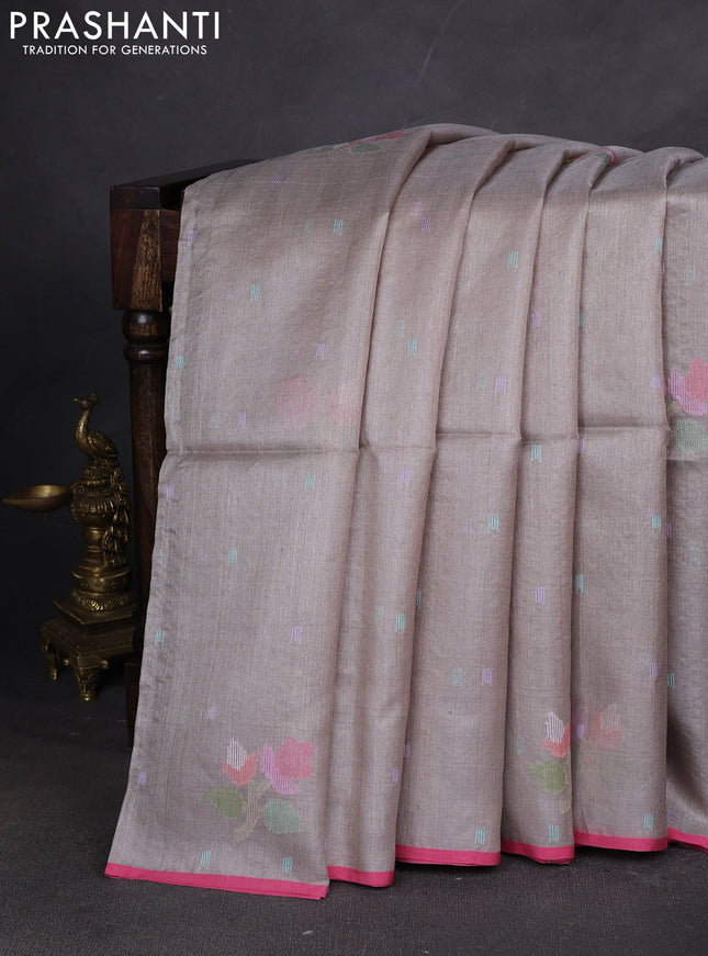 Pure Tussar silk saree grey with allover jamdhani weaves and piping border