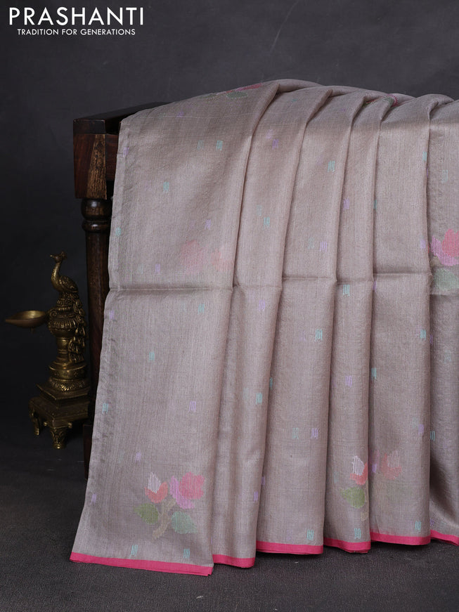 Pure Tussar silk saree grey with allover jamdhani weaves and piping border
