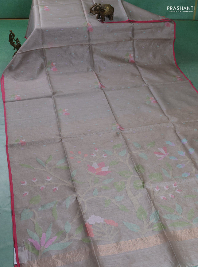 Pure Tussar silk saree grey with allover jamdhani weaves and piping border