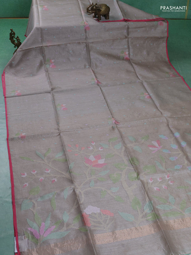 Pure Tussar silk saree grey with allover jamdhani weaves and piping border