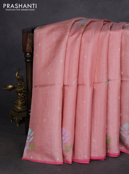 Pure Tussar silk saree mild peach with allover jamdhani weaves and piping border