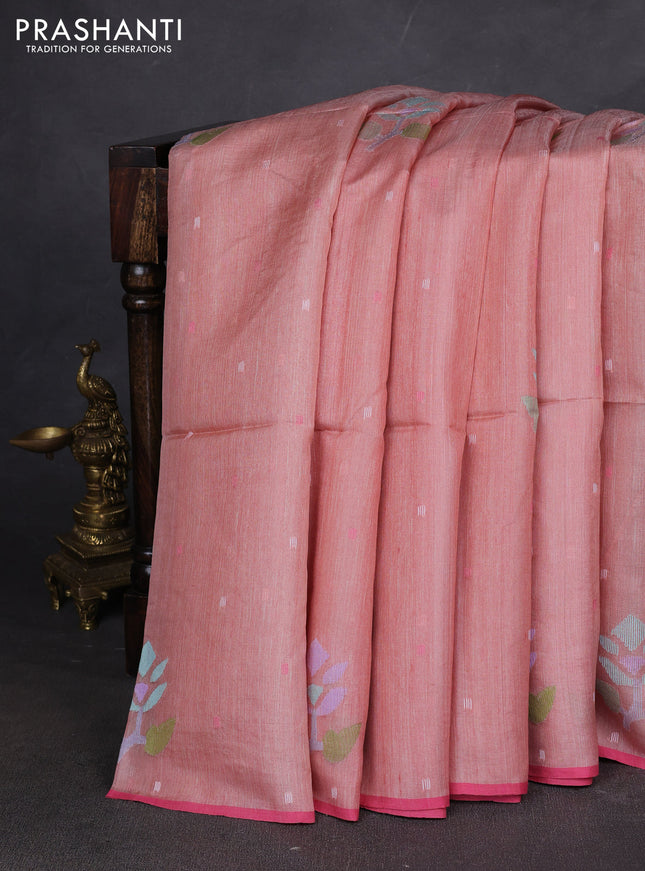Pure Tussar silk saree mild peach with allover jamdhani weaves and piping border
