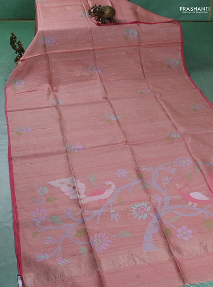 Pure Tussar silk saree mild peach with allover jamdhani weaves and piping border