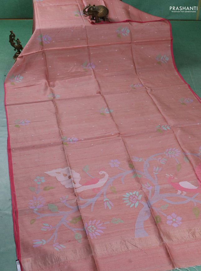 Pure Tussar silk saree mild peach with allover jamdhani weaves and piping border