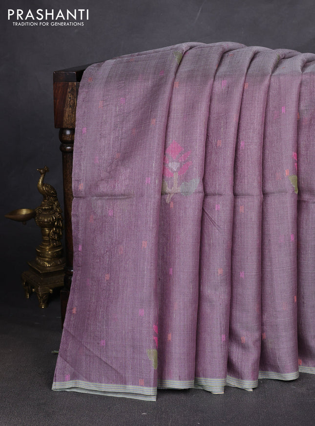 Pure Tussar silk saree pastel lavender with allover jamdhani weaves and piping border